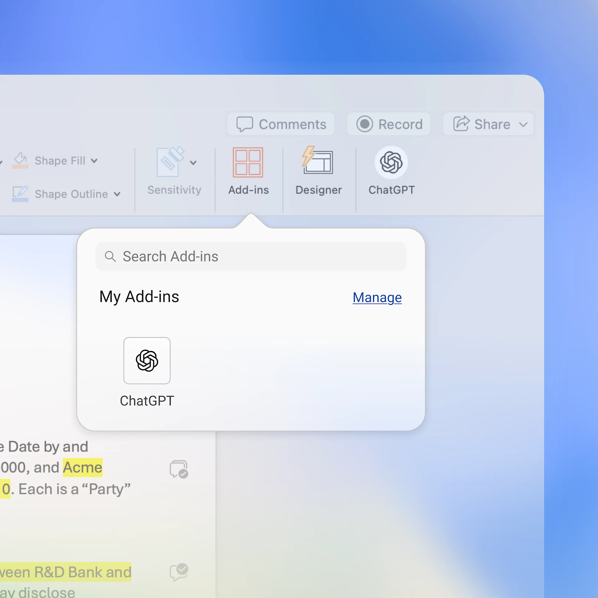 ChatGPT dalam menu Add-ins Microsoft Word