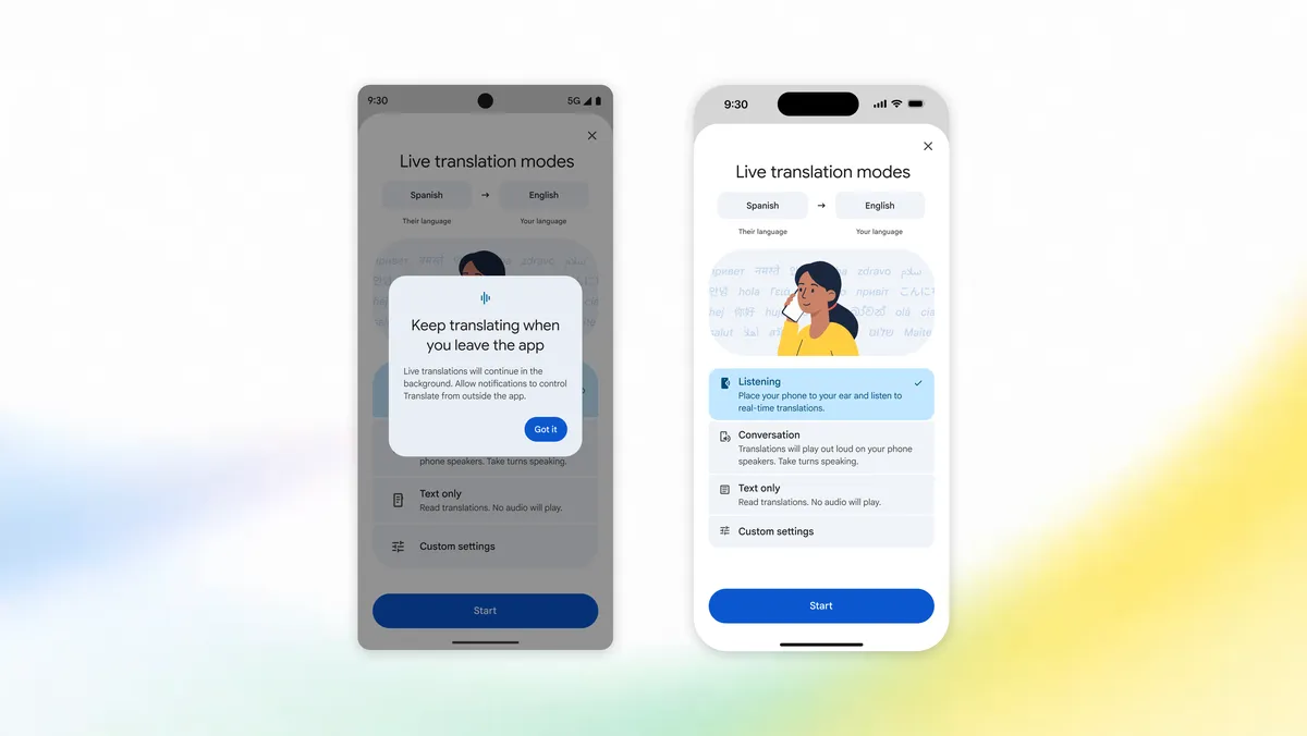 Paparan Google Translate untuk terjemahan audio langsung, contoh teknologi bahasa yang dirujuk Google