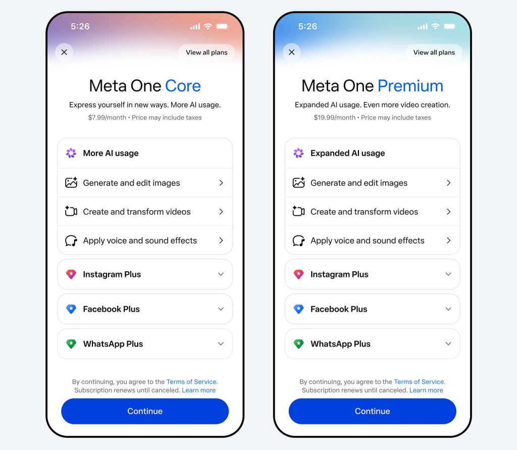 Paparan pelan Core dan Premium Meta One