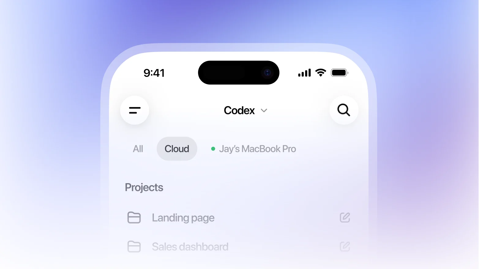 Paparan rasmi tab Cloud dan tugasan Codex pada aplikasi mudah alih