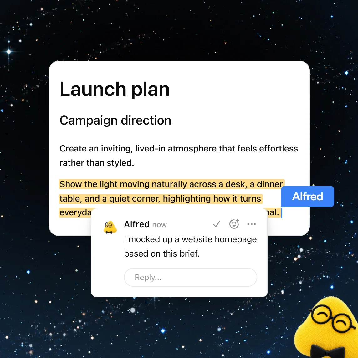 Contoh halaman pelan pelancaran dalam ChatGPT Space dengan komen Alfred