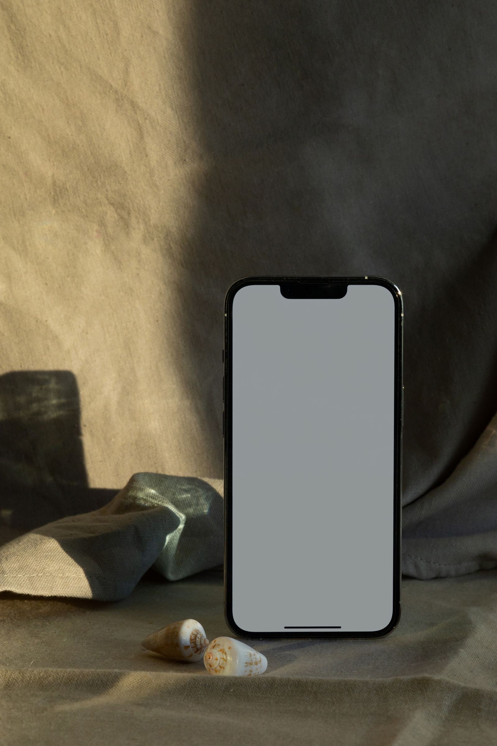 Telefon iPhone dengan paparan cerah berdekatan kulit kerang