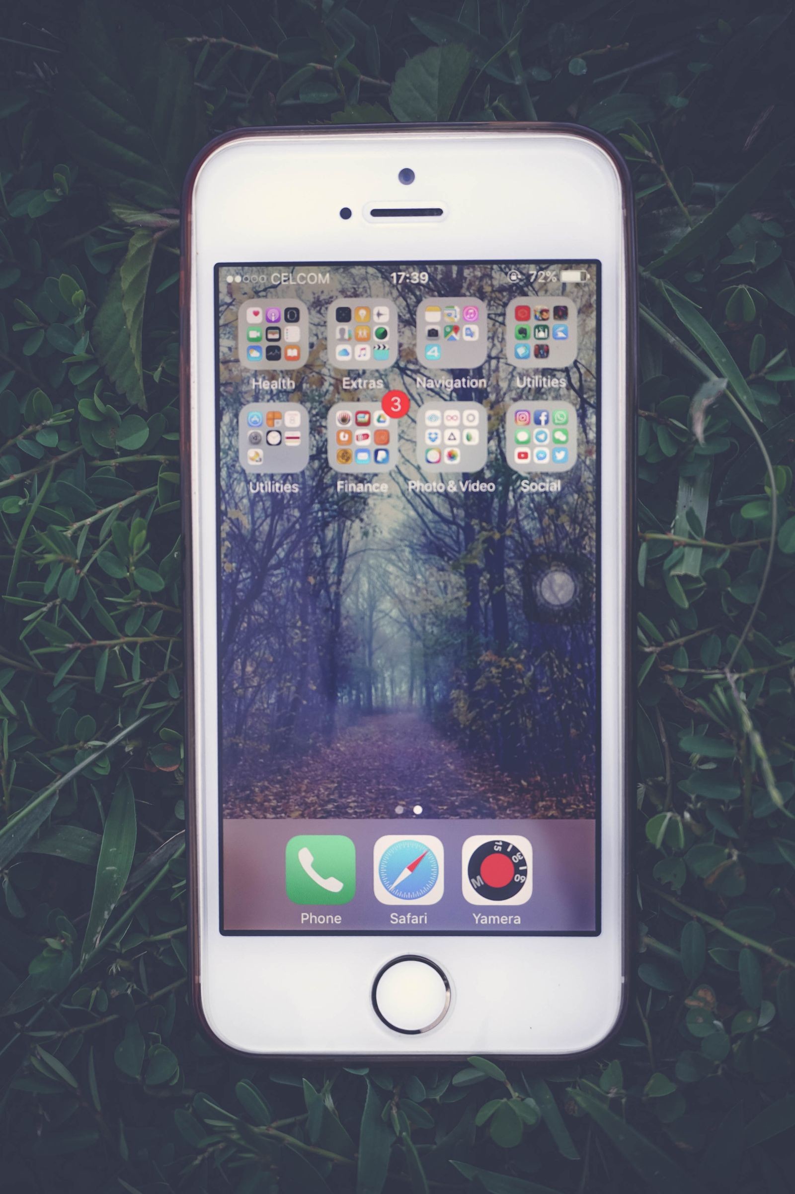 iPhone dengan butang Home di atas rumput