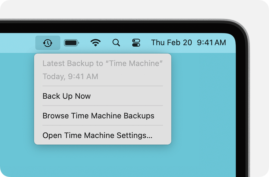 Contoh menu Time Machine menunjukkan sandaran terakhir selesai