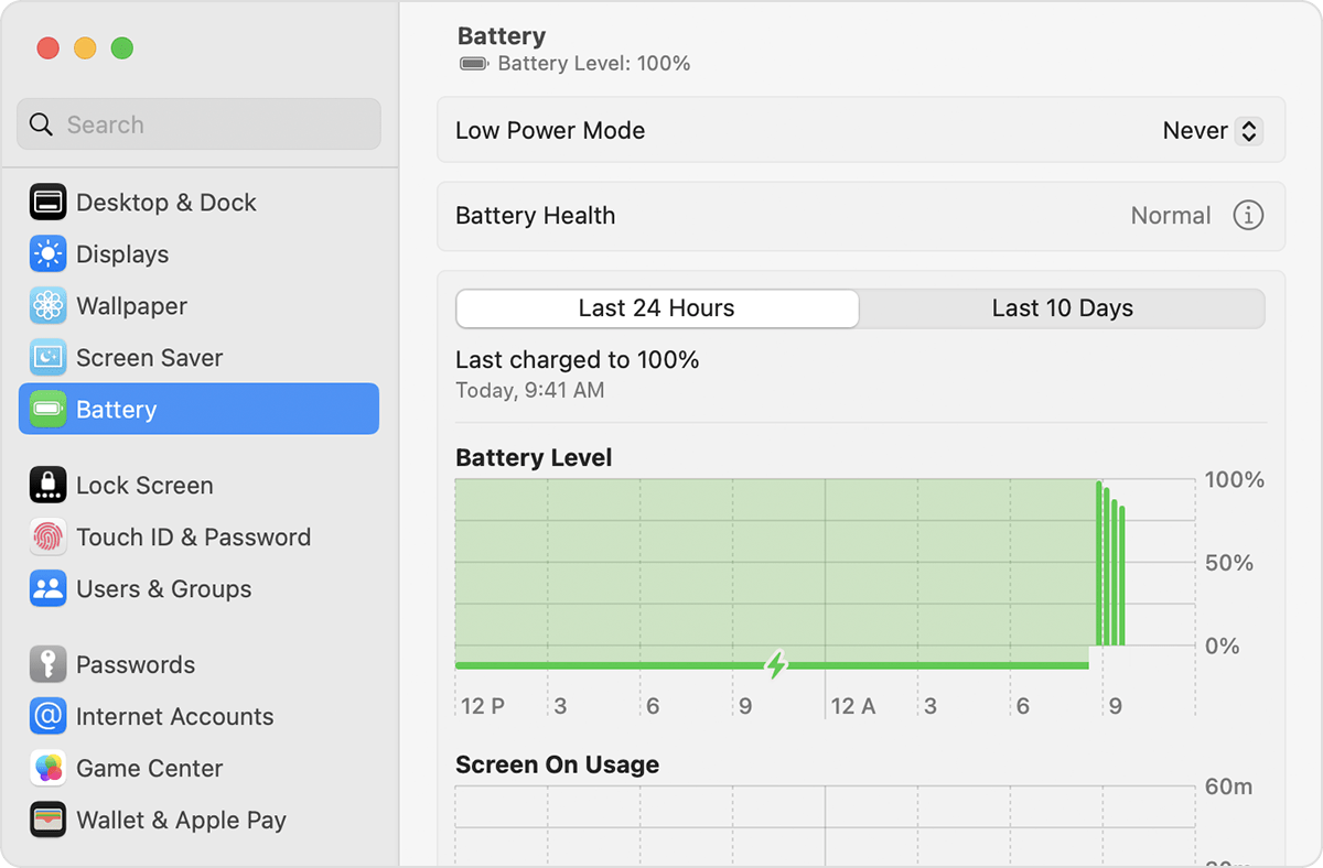 Contoh tetapan Battery dan maklumat Battery Health pada macOS Ventura