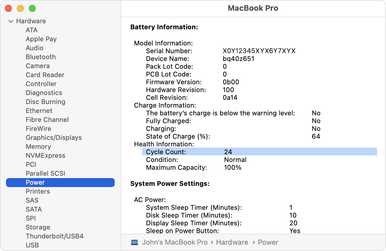 Contoh System Information bahagian Power dengan maklumat Cycle Count