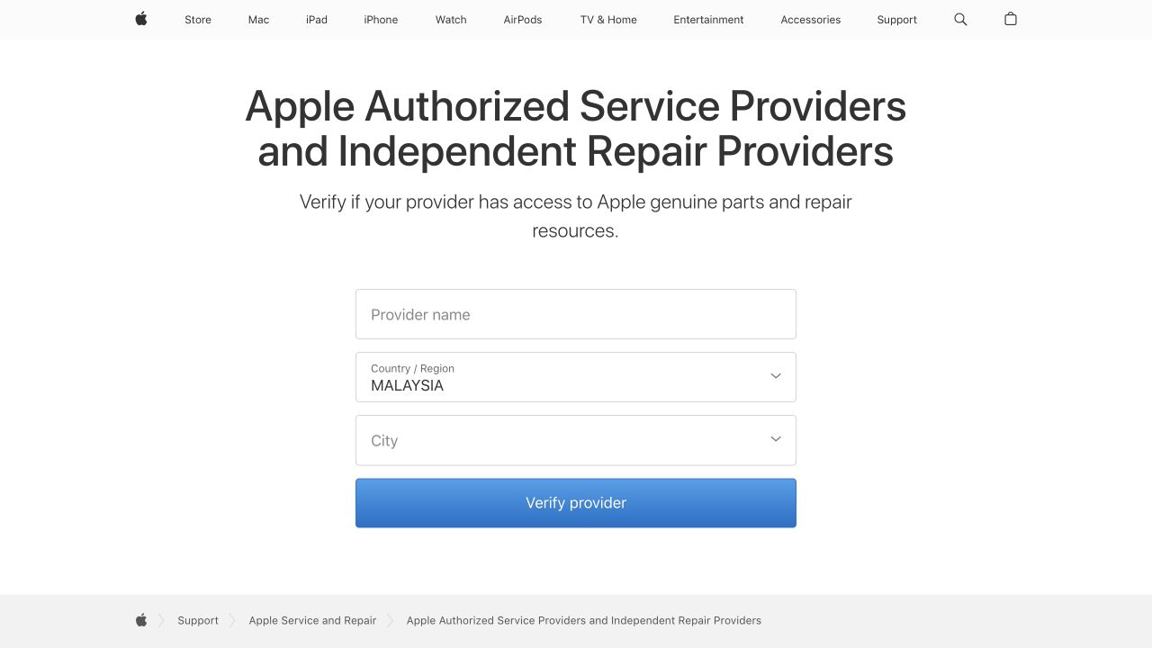 Borang rasmi Apple untuk menyemak penyedia pembaikan