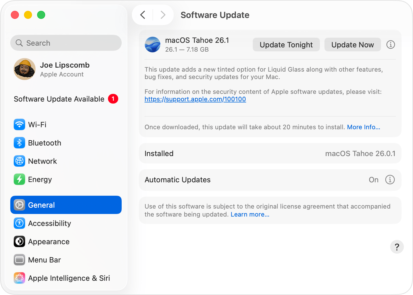 Contoh Software Update pada macOS Tahoe menunjukkan kemas kini yang tersedia