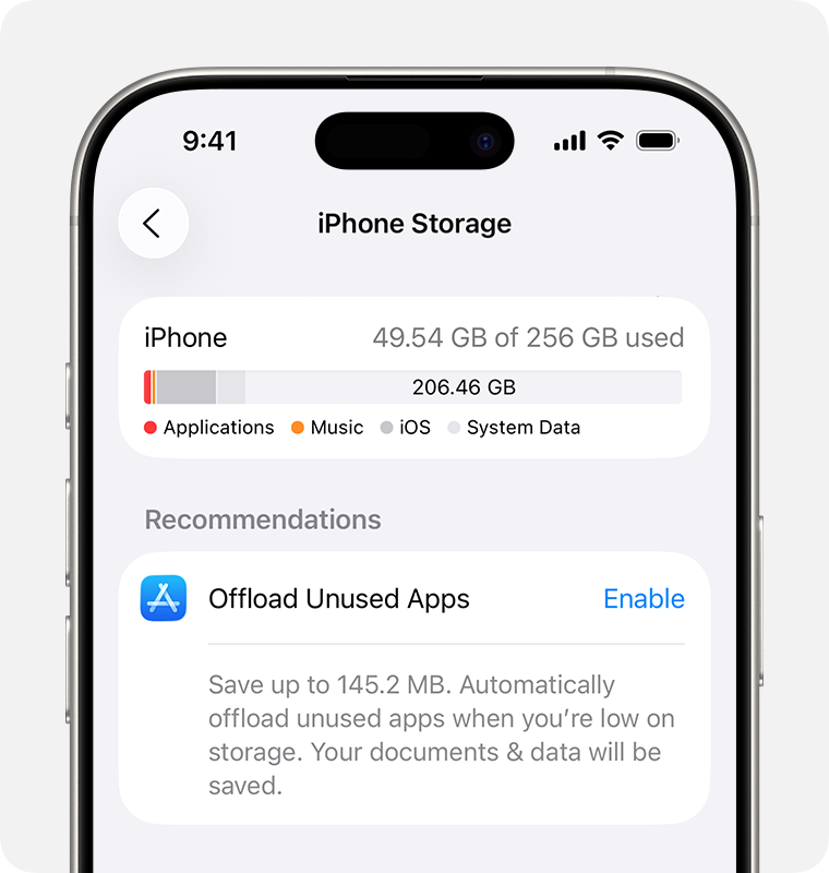 Paparan penggunaan storan dan cadangan Offload pada iPhone