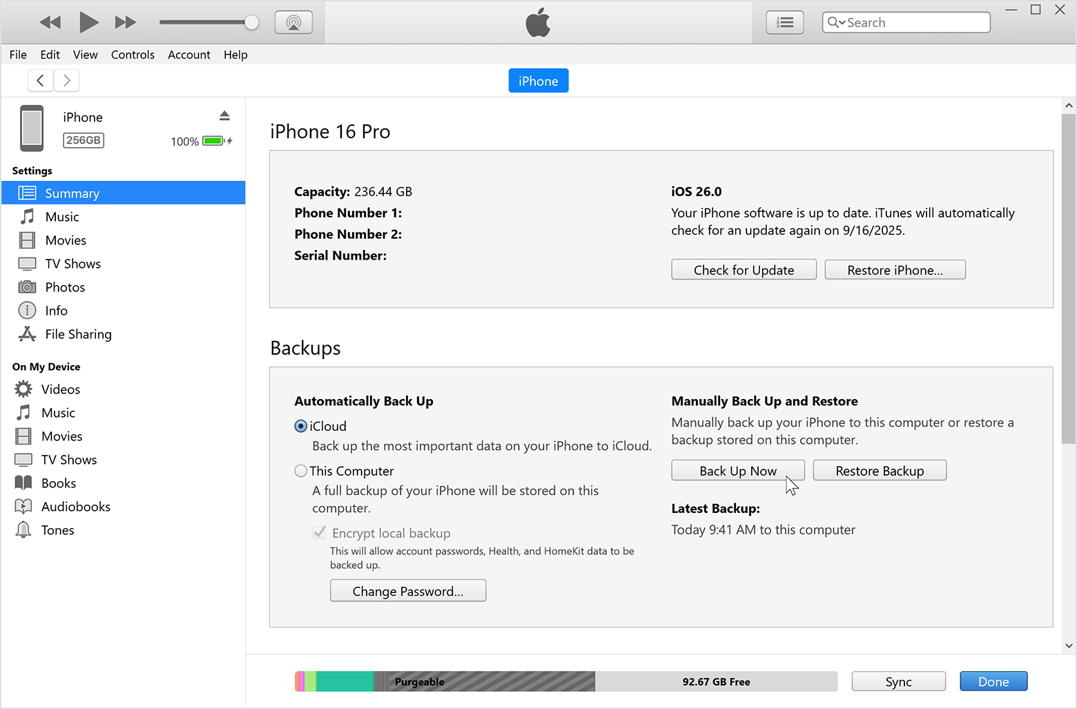 Pilihan Back Up Now dalam iTunes untuk Windows