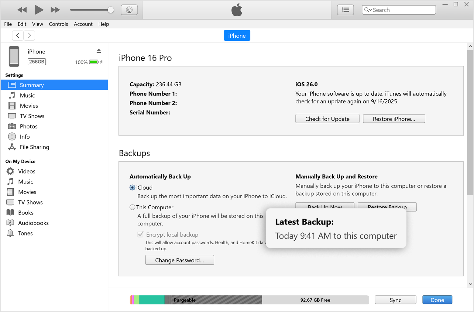 Tarikh dan masa sandaran terakhir dalam iTunes untuk Windows