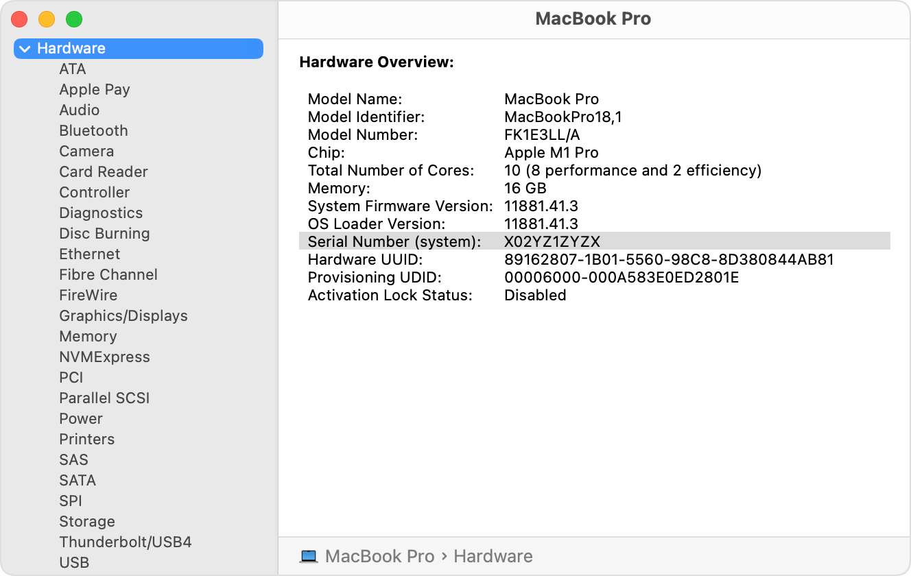 Maklumat perkakasan Mac dalam aplikasi System Information