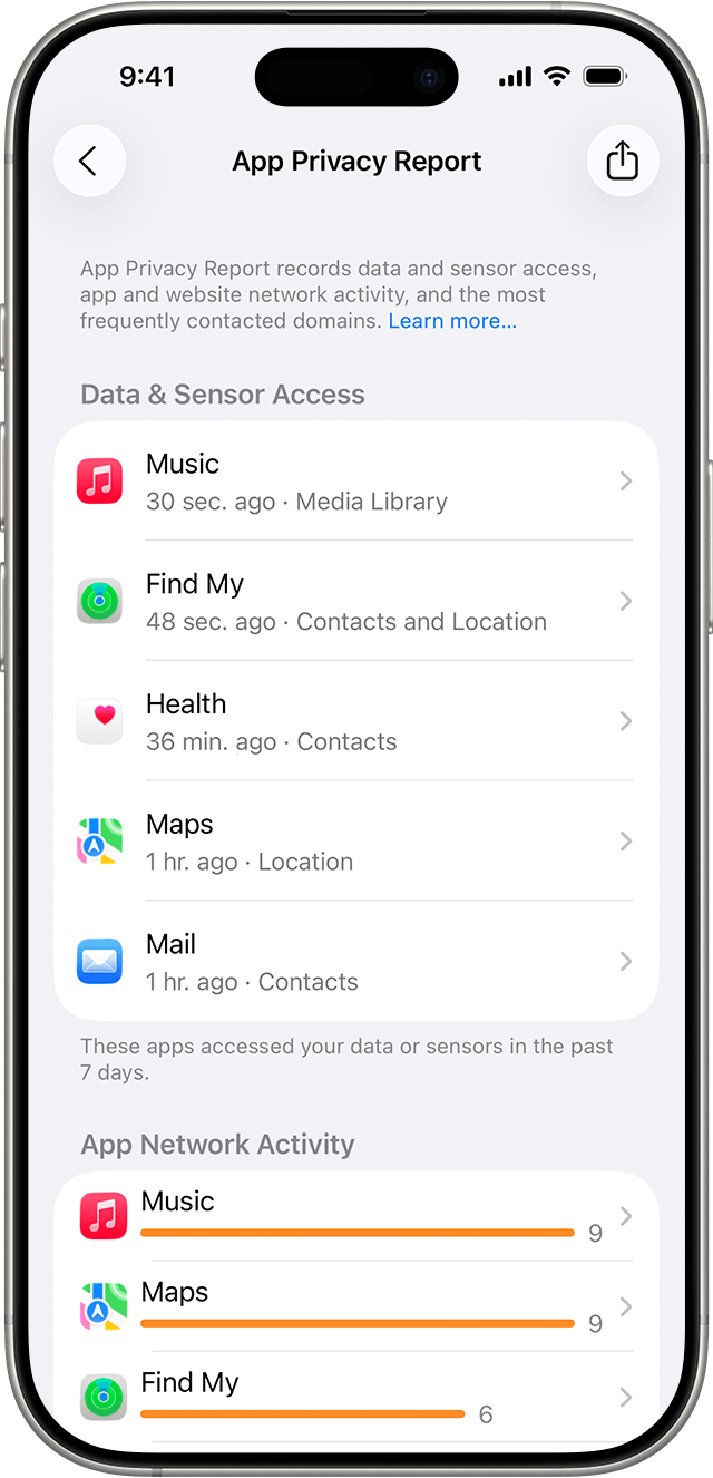 Paparan App Privacy Report pada iPhone