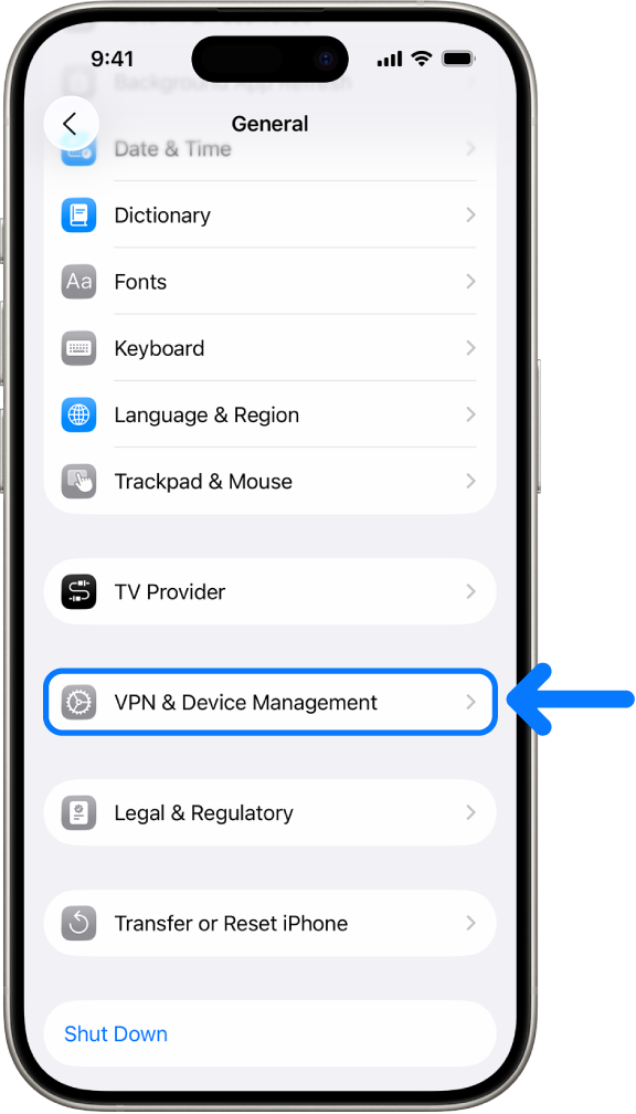 Menu VPN & Device Management dalam tetapan iPhone