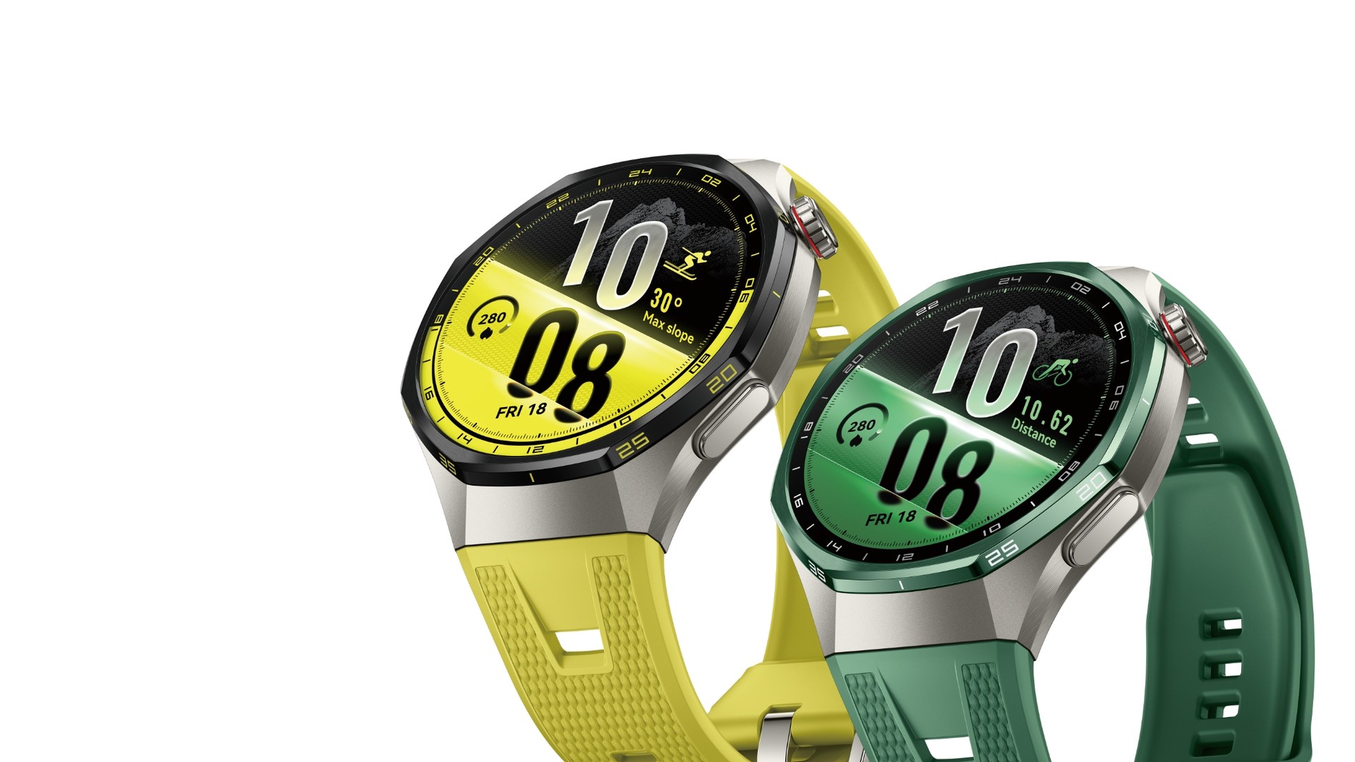 Dua jam pintar Huawei Watch GT 7 Pro berwarna kuning dan hijau.