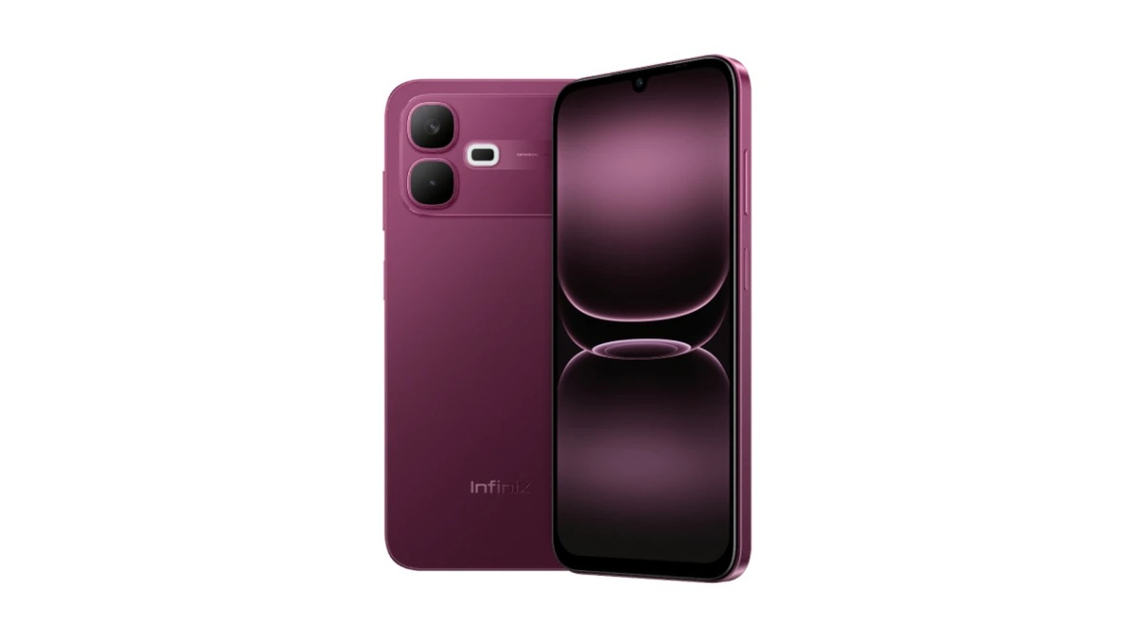 Infinix Smart 20e warna Deep Cherry, dilihat dari belakang dan depan.