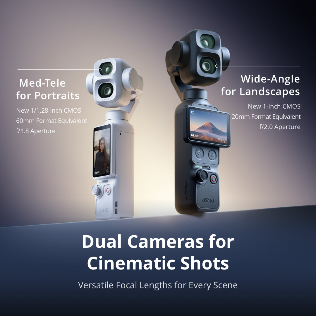 Sistem dwi-kamera Osmo Pocket 4P — telefoto sederhana 60mm dan sudut lebar 20mm