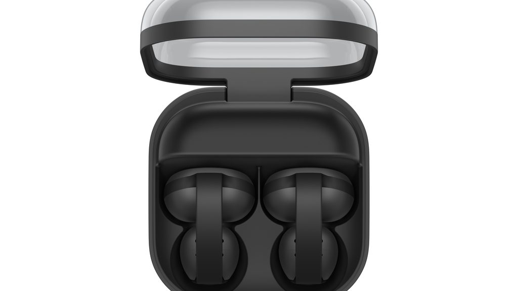 Kes cas Galaxy Buds On terbuka, dengan dua fon telinga hitam di dalamnya.