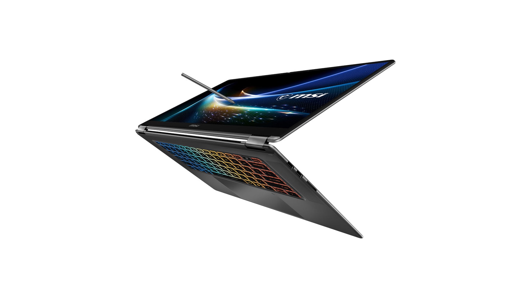 MSI Prestige N16 Flip AI+ dalam mod khemah bersama pen MSI Nano Pen
