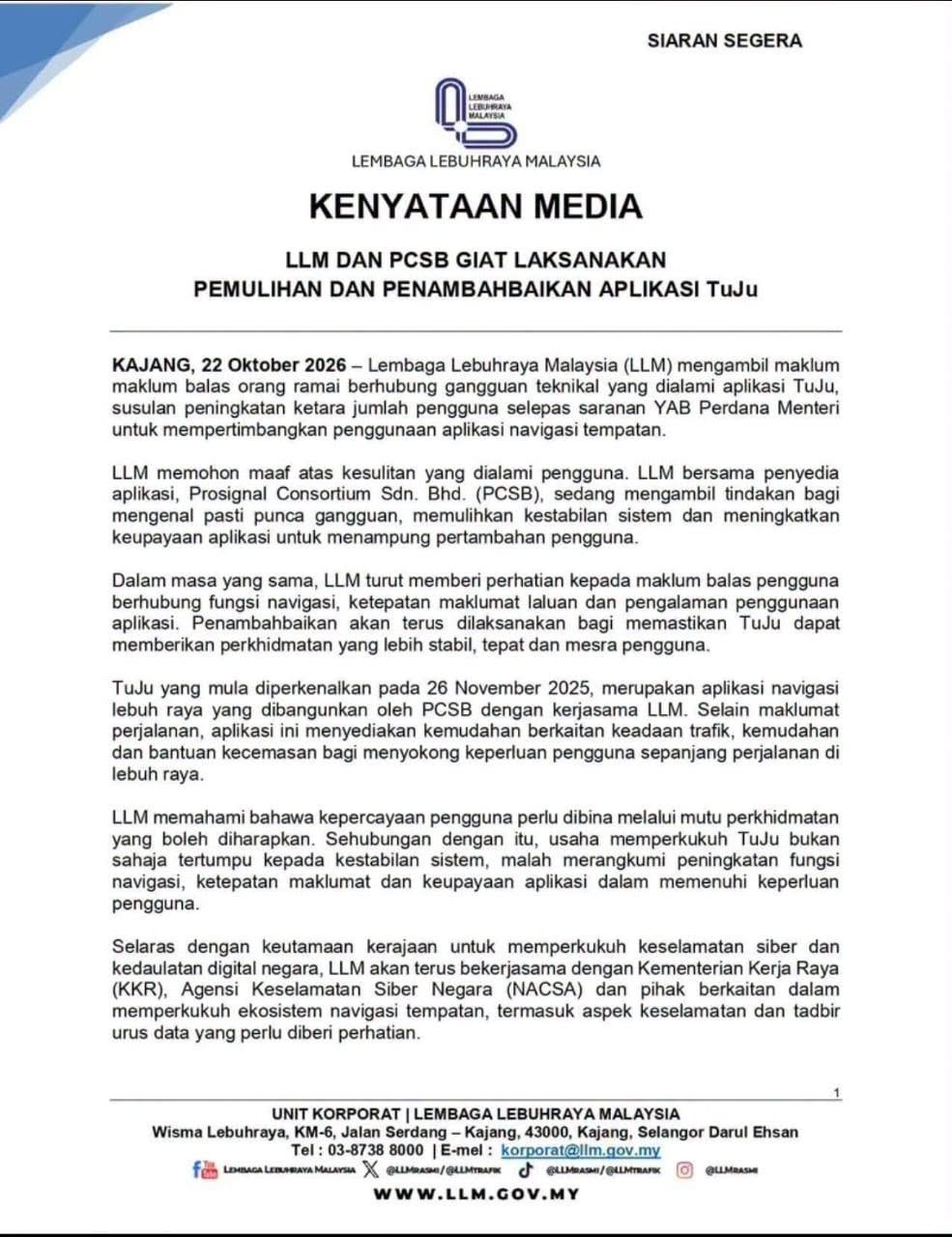 Kenyataan media LLM dan PCSB mengenai pemulihan dan penambahbaikan aplikasi TuJu