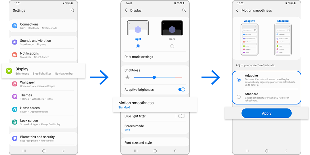 Tetapan Motion smoothness pada Samsung Galaxy dengan pilihan Adaptive dan Standard