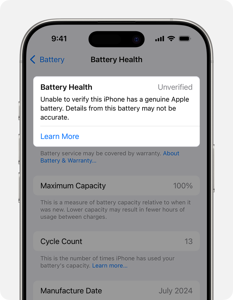 Contoh paparan kesihatan bateri yang tidak dapat disahkan pada iPhone