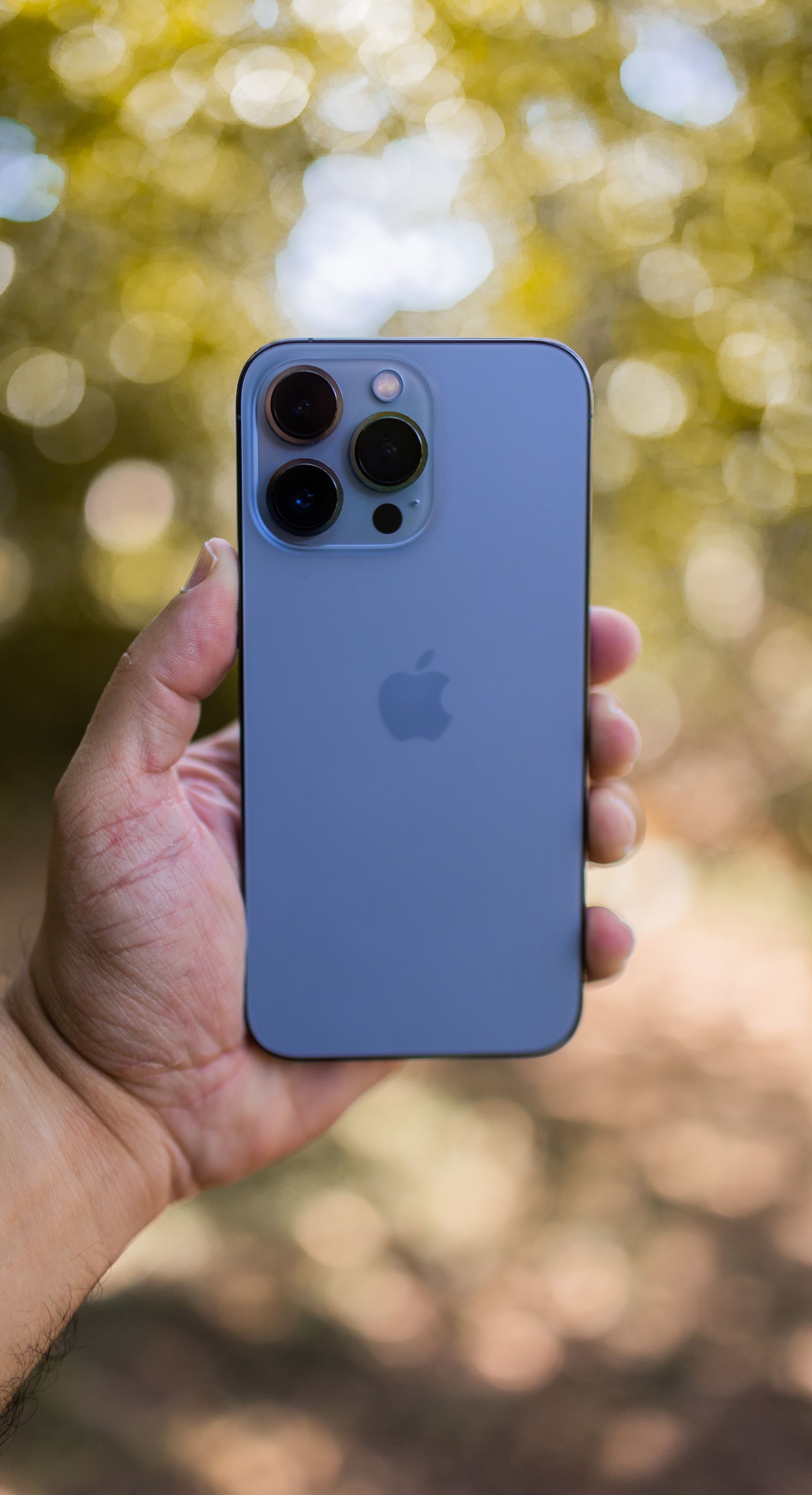 Pengguna memegang iPhone dengan bahagian belakang menghadap kamera