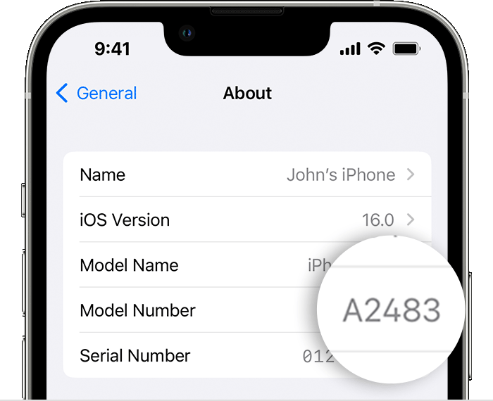 Paparan About dengan nombor model iPhone