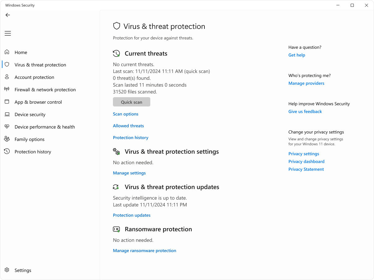 Menu Virus & threat protection dalam Windows Security