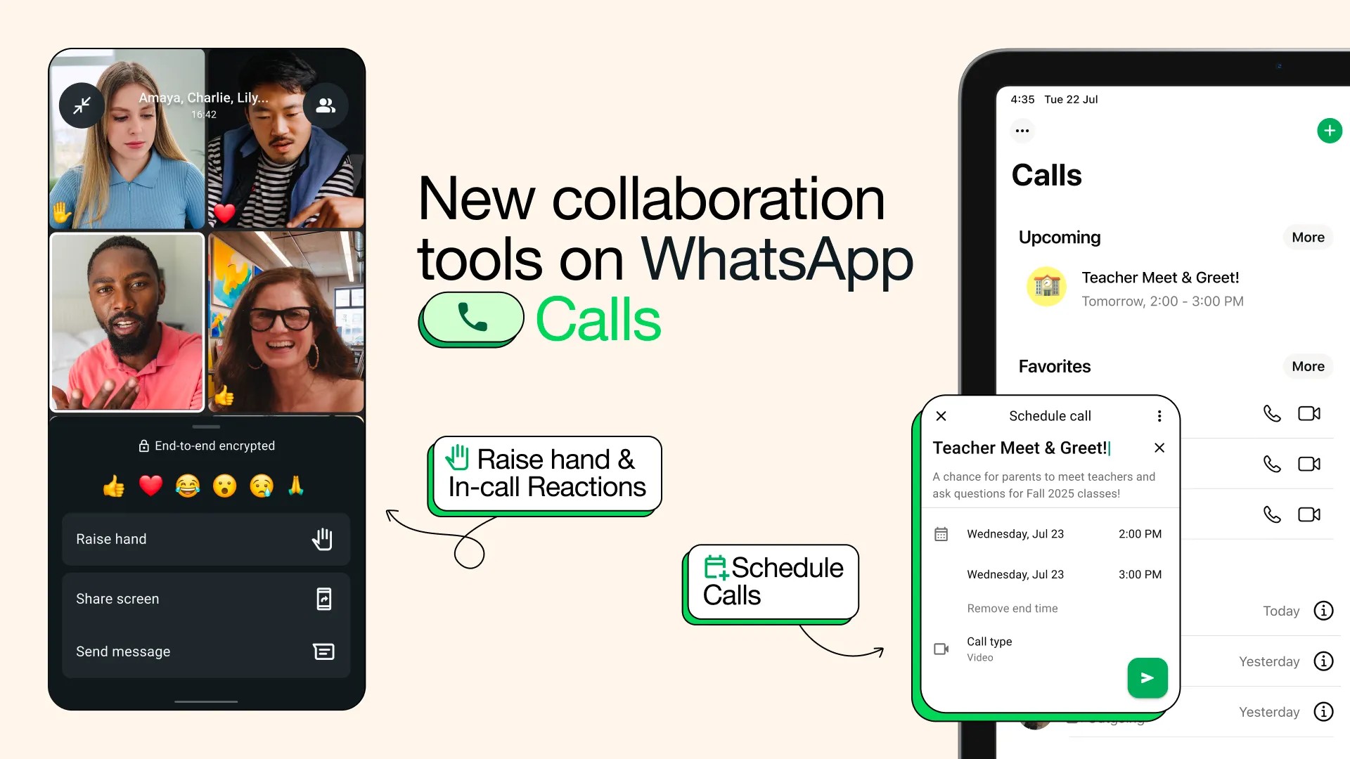 Grafik rasmi WhatsApp menunjukkan angkat tangan, reaksi dalam panggilan dan jadual panggilan