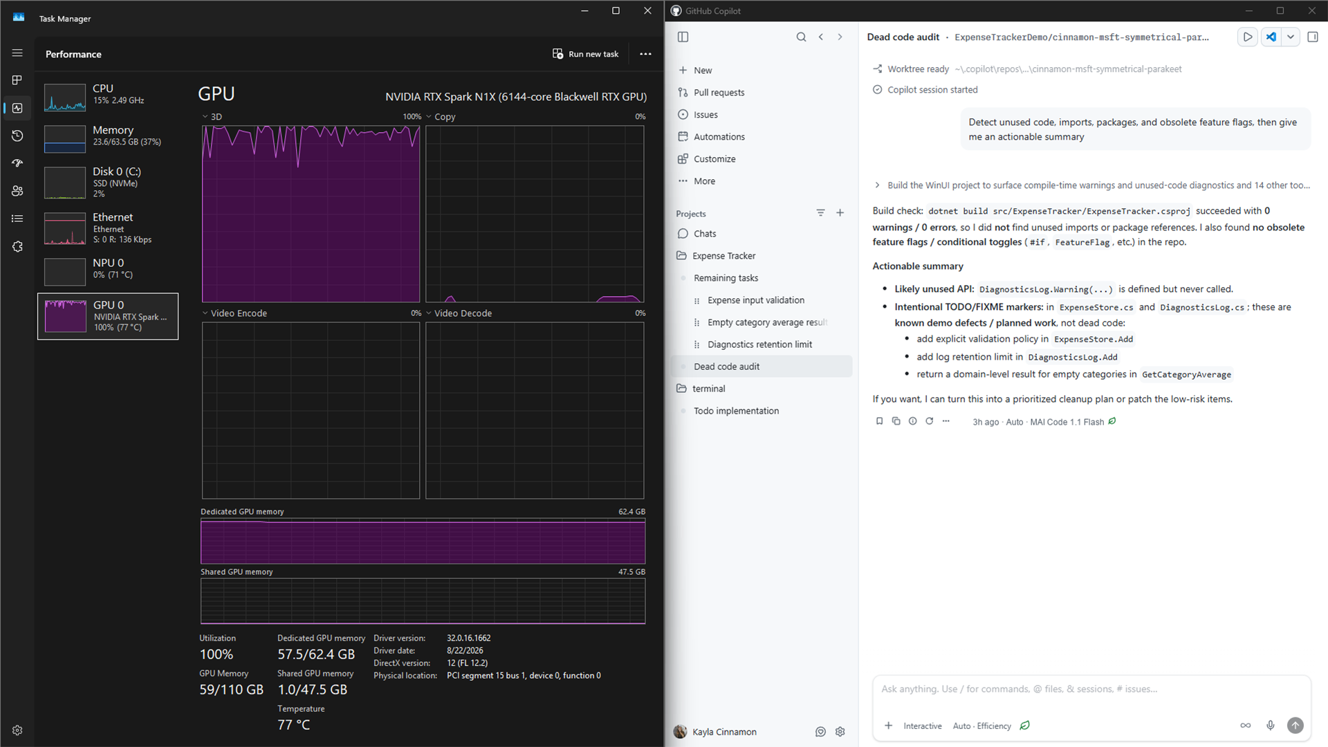Task Manager menunjukkan penggunaan GPU ketika model MAI berjalan secara tempatan dalam aplikasi GitHub Copilot